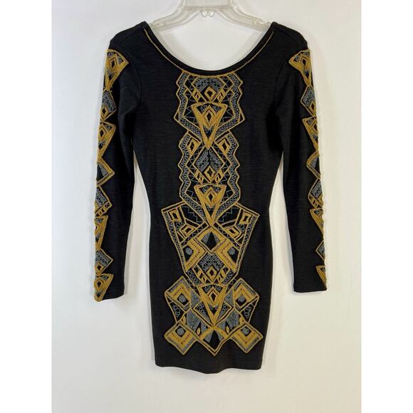 Free People Womens Cotton Embroidered Long Sleeve Mini Dress Black Size XS Boho - Picture 1 of 12
